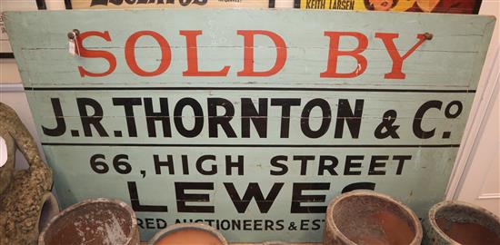 A painted wood sign, c.1960, Sold by J. R. Thornton 66 High Street Lewes W.183cm